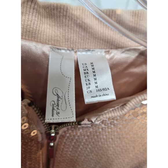 Forever 21 Sequin Bomber Jacket Rose Gold Shimmer Zip Front Satin Lined Womens M - Picture 3 of 4